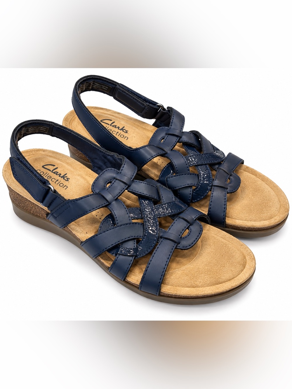 Clarks Collection Navy Blue Strappy Comfort Sandals Women’s 10M Wedge